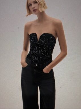 Mango Black Strapless Sequin Bodysuit